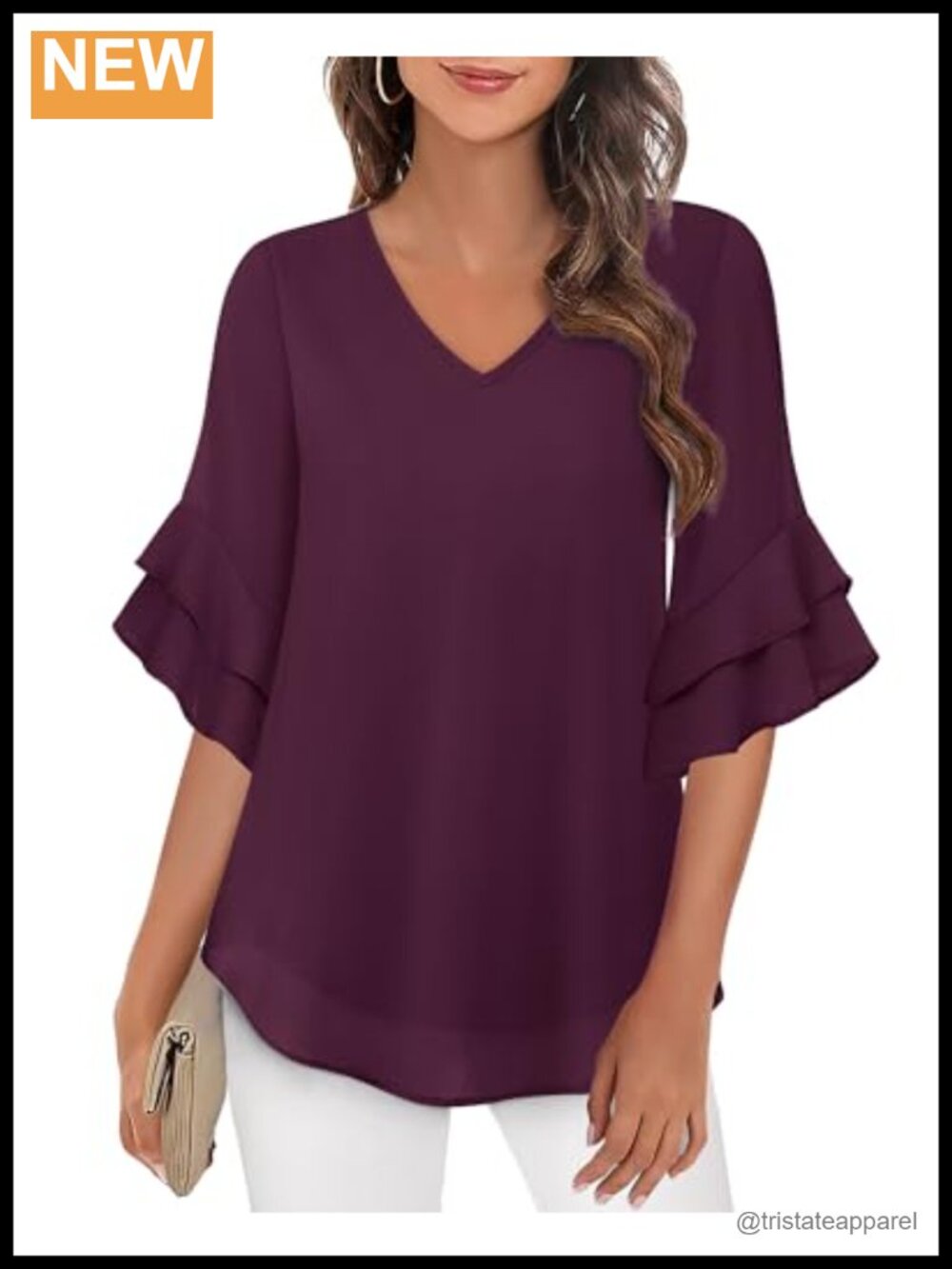 Women's 3/4 Sleeve Chiffon Blouse Business Casual V-Neck Tunic Top